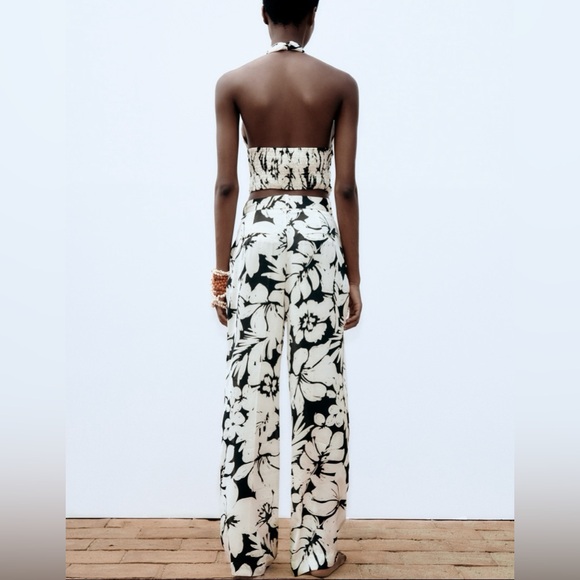 Zara Black and White floral Wide Leg Pant size Small - Picture 2 of 9